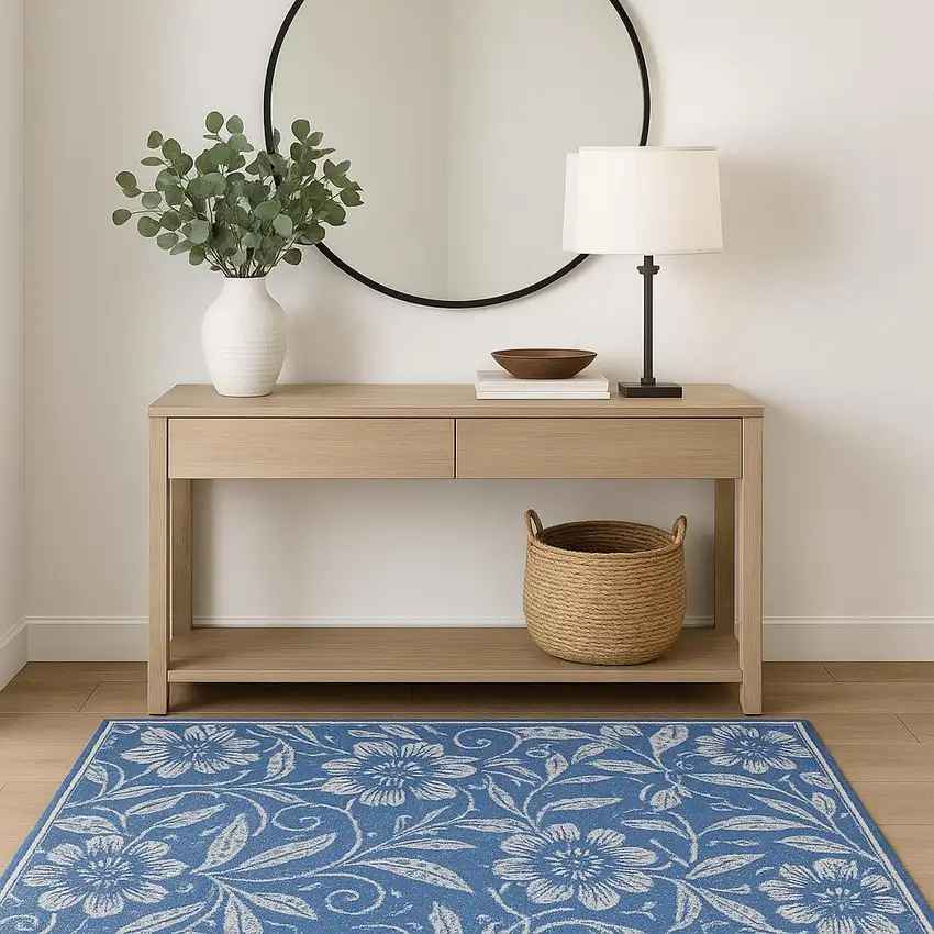 Blue And Ivory Floral Vines Distressed Area Rug Photo 2