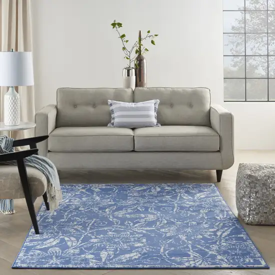 Blue And Ivory Floral Vines Distressed Area Rug Photo 6