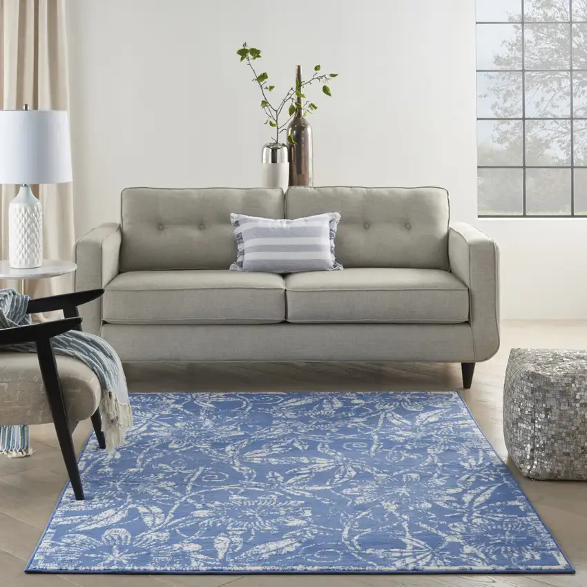 Blue And Ivory Floral Vines Distressed Area Rug Photo 6