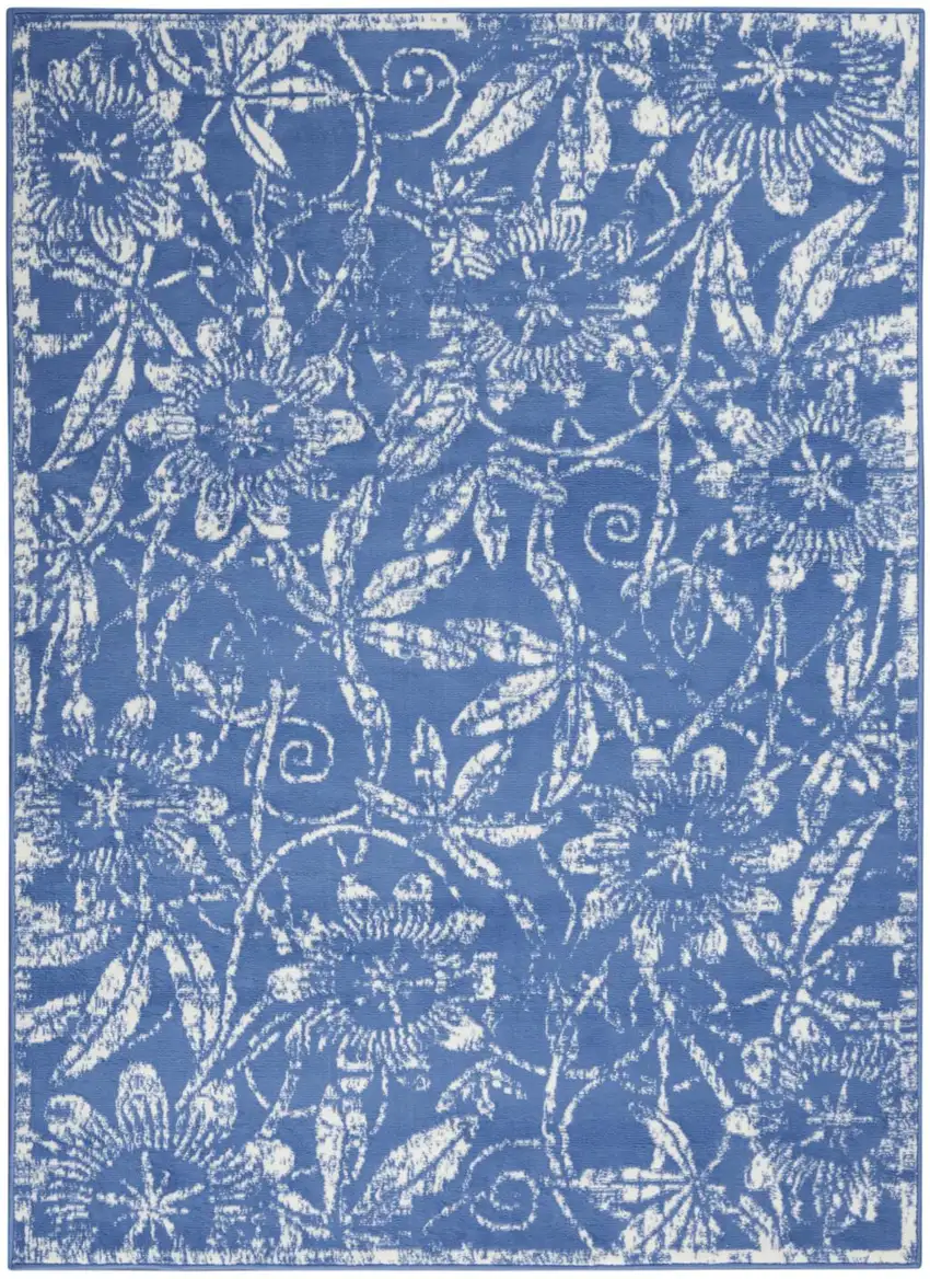 Blue And Ivory Floral Vines Distressed Area Rug Photo 9
