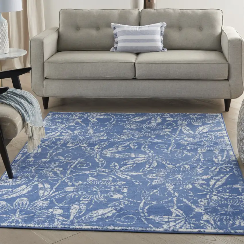 Blue And Ivory Floral Vines Distressed Area Rug Photo 5