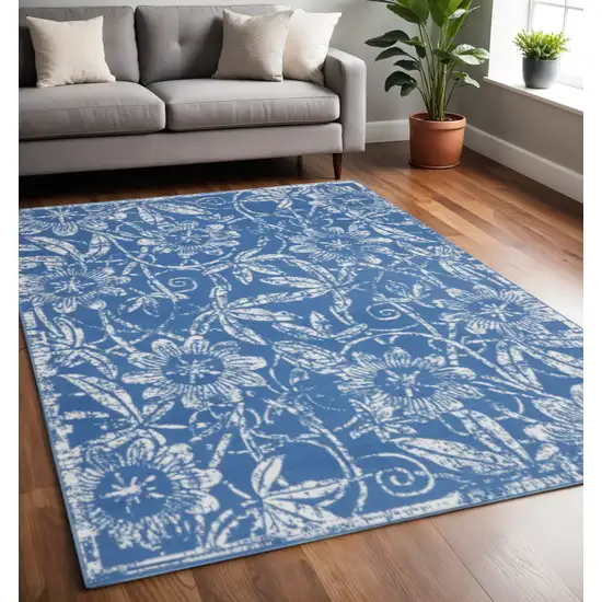 Blue And Ivory Floral Vines Distressed Area Rug Photo 2