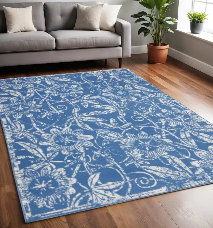 Blue And Ivory Floral Vines Distressed Area Rug Photo 2