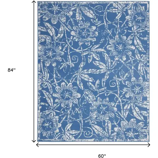 Blue And Ivory Floral Vines Distressed Area Rug Photo 8