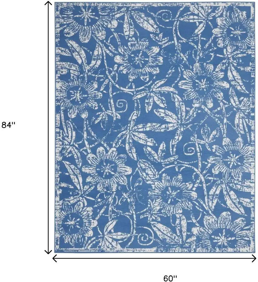 Blue And Ivory Floral Vines Distressed Area Rug Photo 8