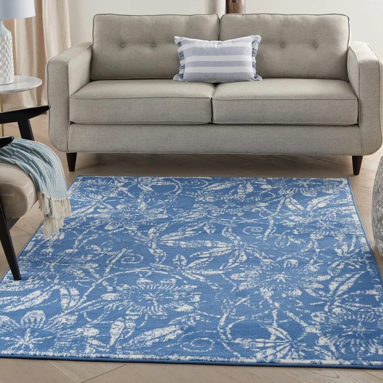Blue and Ivory Floral Vines Area Rug Photo 4