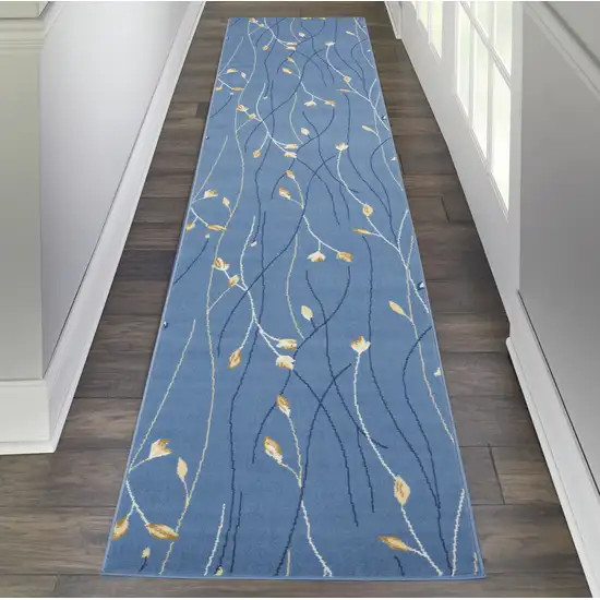10' Blue And Ivory Floral Vines Runner Rug Photo 5