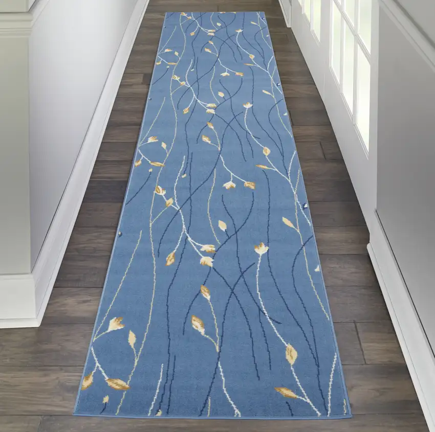 Blue and Ivory Floral Vines Power Loom Runner Rug Photo 9