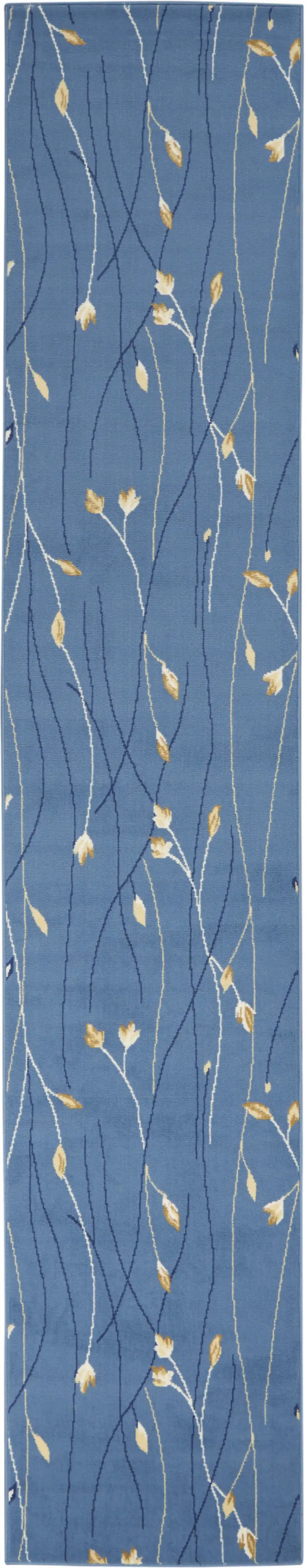 Blue and Ivory Floral Vines Power Loom Runner Rug Photo 2