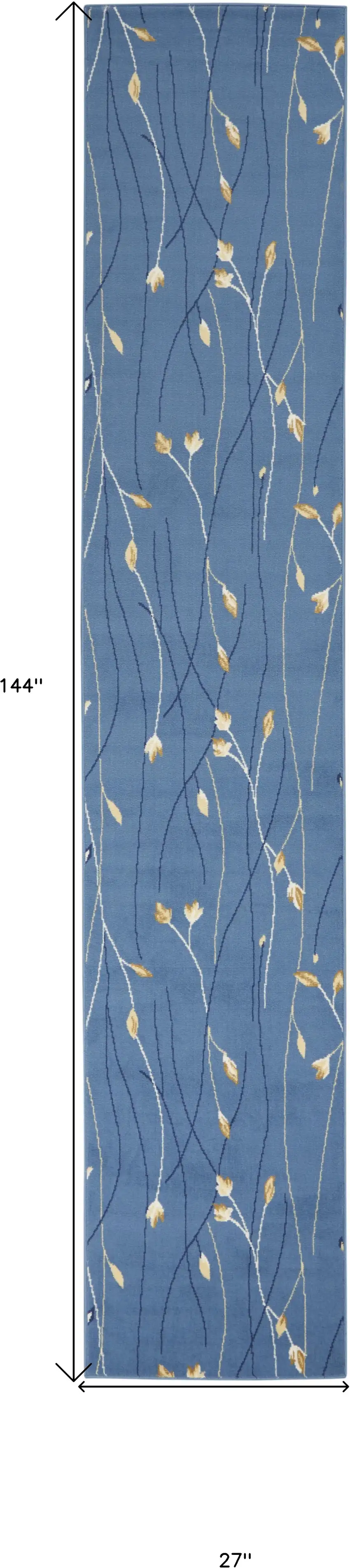 Blue and Ivory Floral Vines Power Loom Runner Rug Photo 3