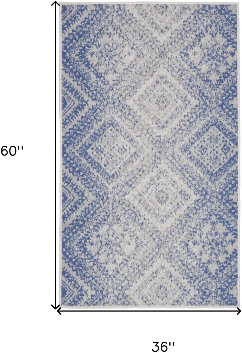 Blue and Ivory Geometric Distressed Area Rug Photo 3