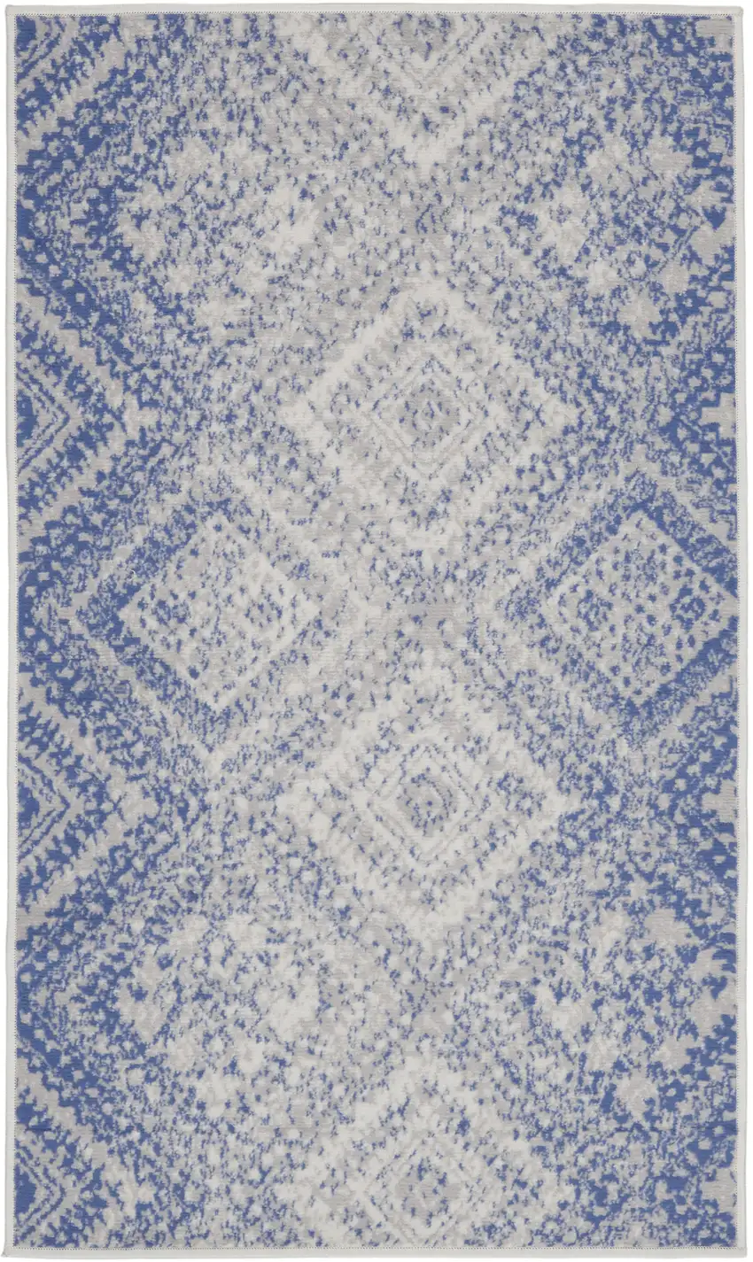 Blue and Ivory Geometric Distressed Area Rug Photo 1