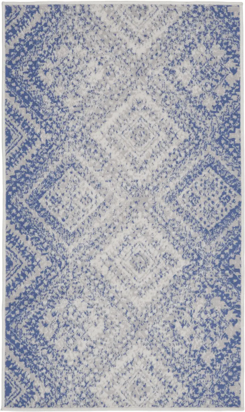 Blue and Ivory Geometric Distressed Area Rug Photo 2