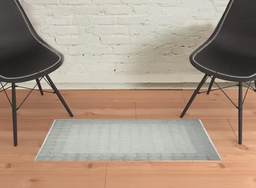 Blue and Ivory Geometric Flatweave Handmade Distressed Area Rug with Fringe Photo 2