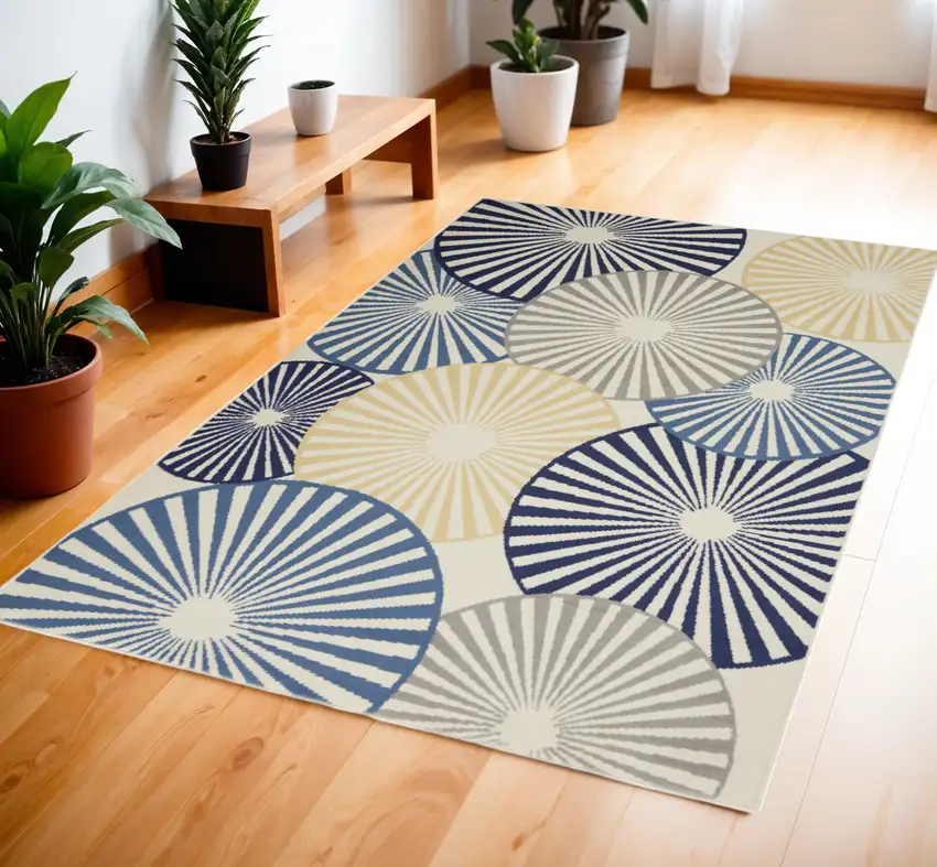 Blue and Ivory Geometric Power Loom Area Rug Photo 1