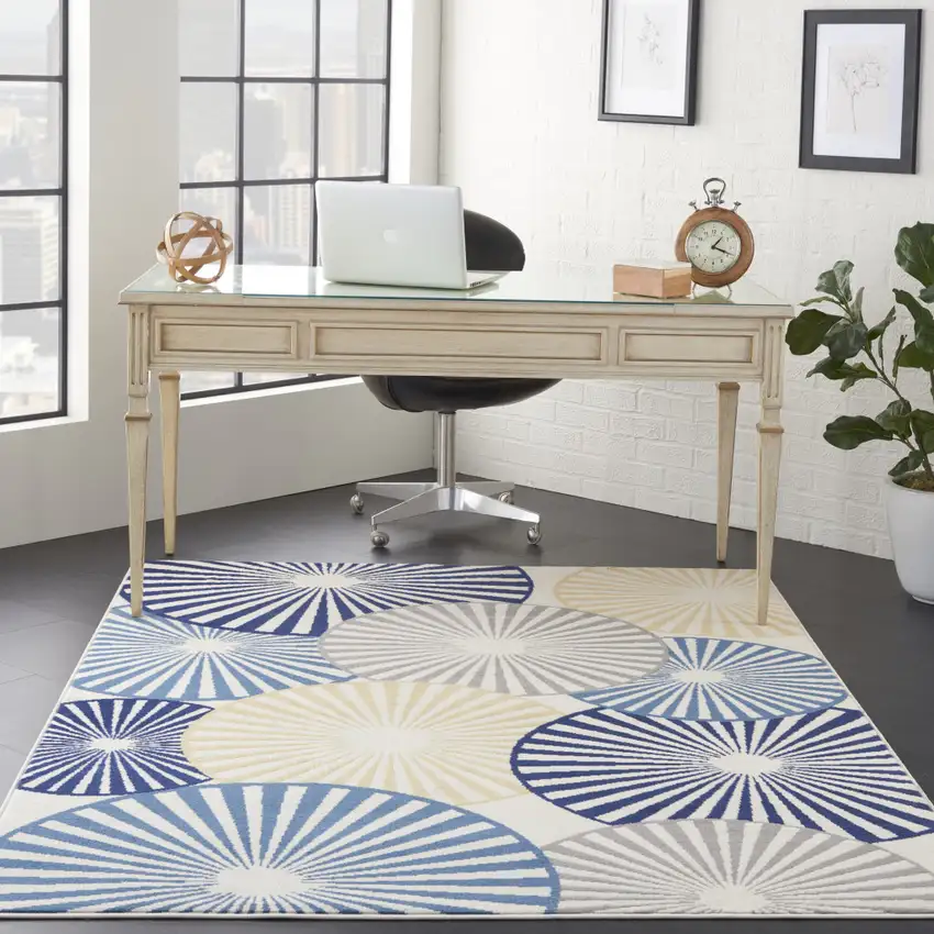 Blue and Ivory Geometric Power Loom Area Rug Photo 5