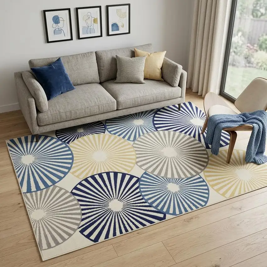 Blue and Ivory Geometric Power Loom Area Rug Photo 1