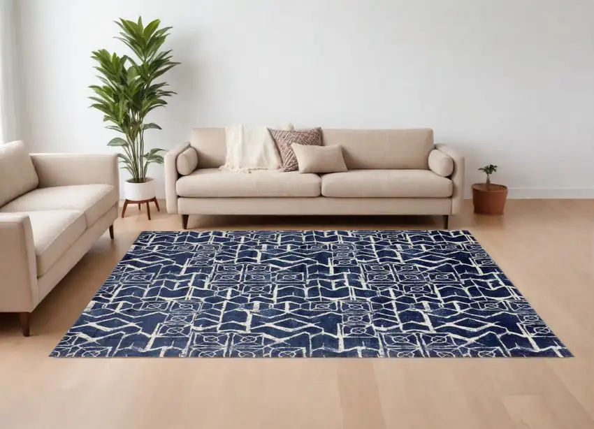 Blue and Ivory Geometric Power Loom Area Rug Photo 1