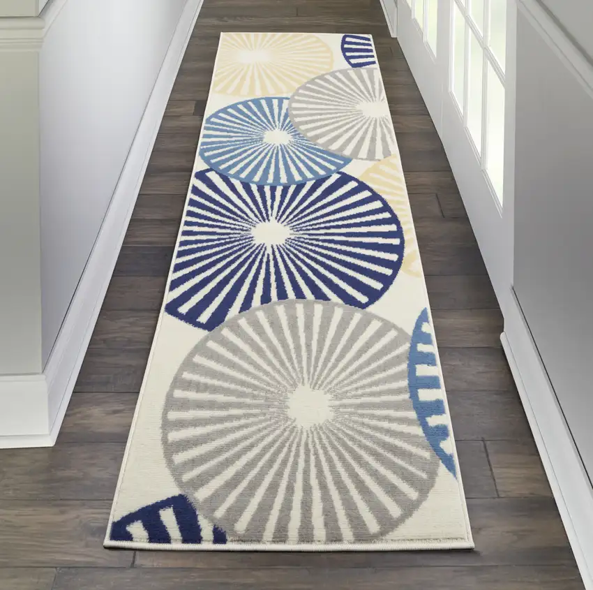 8' Blue And Ivory Geometric Runner Rug Photo 5