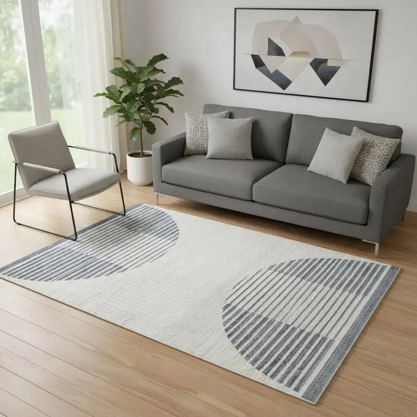 Blue and Ivory Geometric Power Loom Washable Area Rug Photo 1