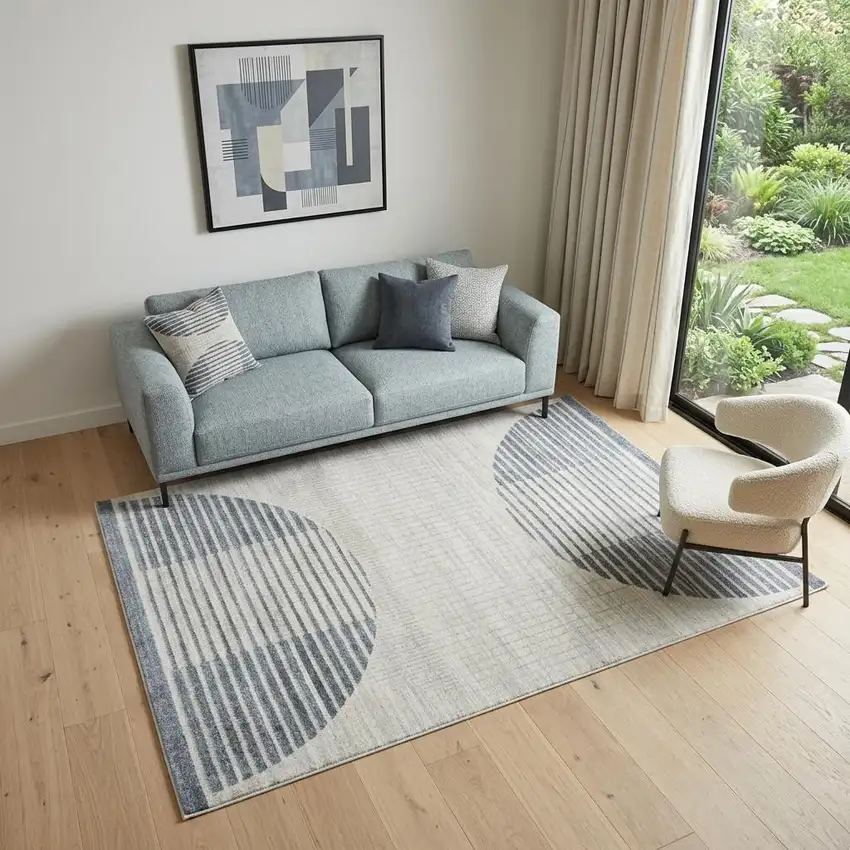 Blue and Ivory Geometric Power Loom Washable Area Rug Photo 1