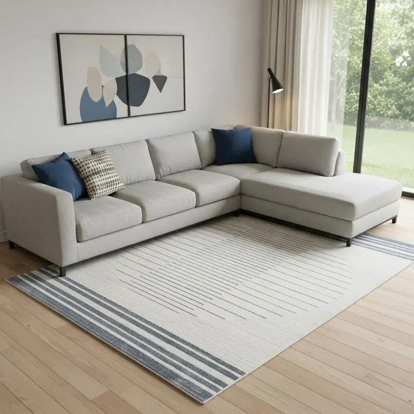 Blue and Ivory Geometric Power Loom Washable Area Rug Photo 1