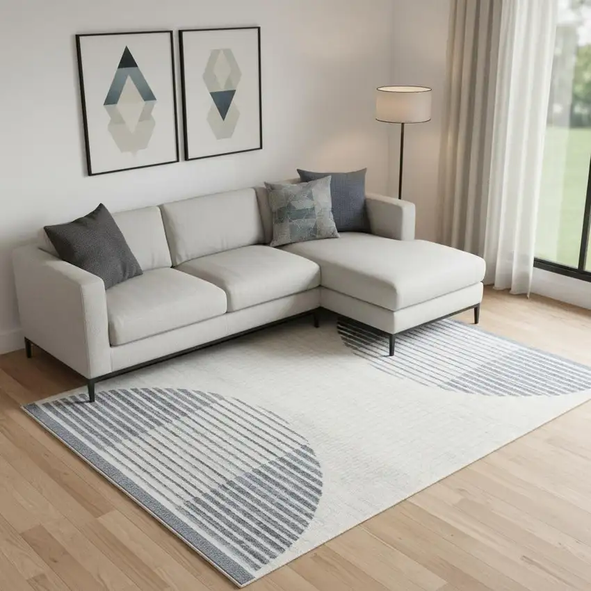 Blue and Ivory Geometric Power Loom Washable Area Rug Photo 1