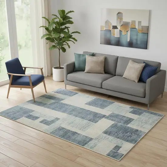 Blue and Ivory Geometric Power Loom Washable Area Rug Photo 1