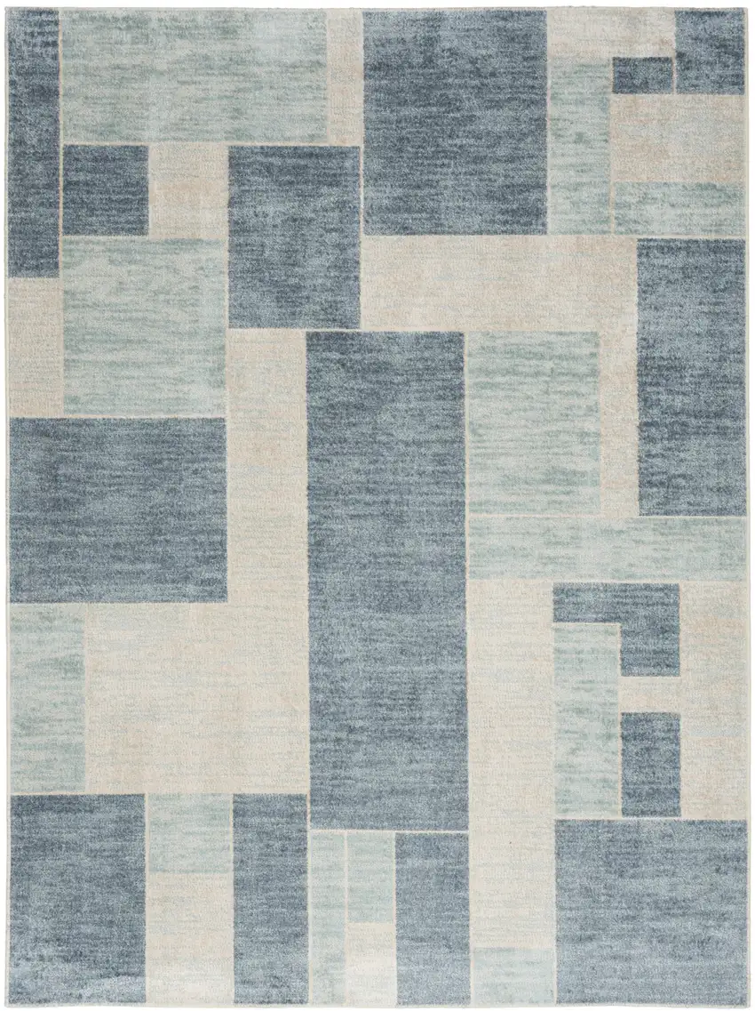 Blue and Ivory Geometric Power Loom Washable Area Rug Photo 7