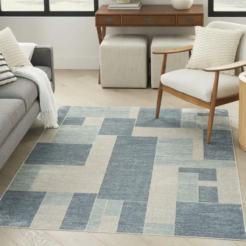 Blue and Ivory Geometric Power Loom Washable Area Rug Photo 4