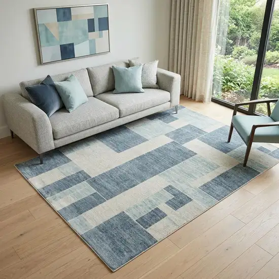 Blue and Ivory Geometric Power Loom Washable Area Rug Photo 1