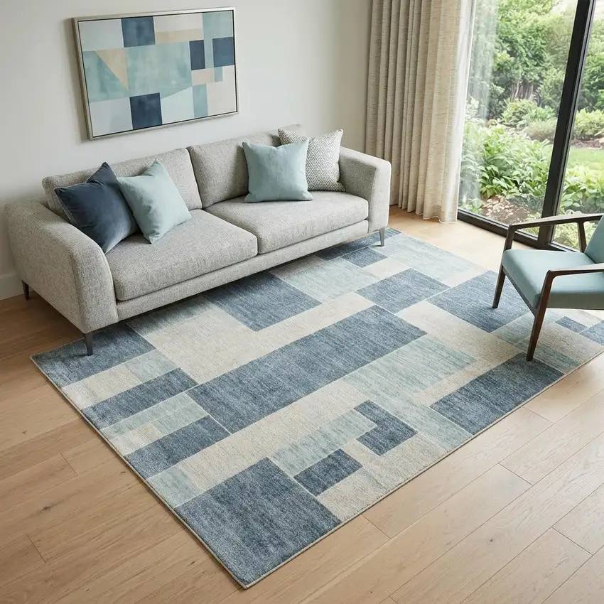 Blue and Ivory Geometric Power Loom Washable Area Rug Photo 1