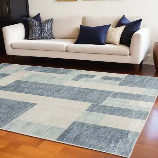 Blue and Ivory Geometric Power Loom Washable Area Rug Photo 1