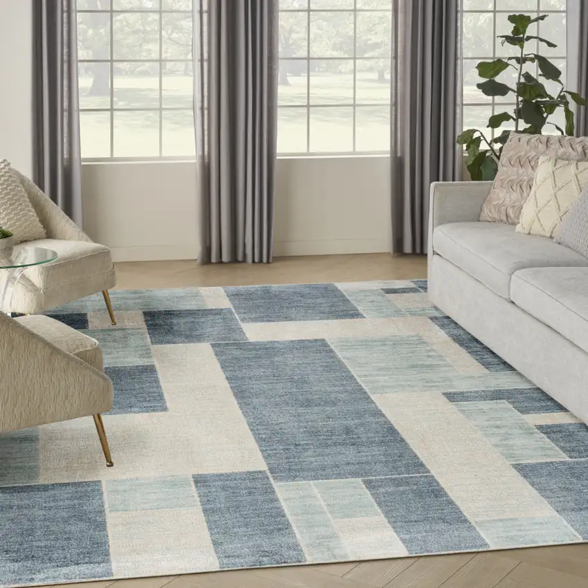 Blue and Ivory Geometric Power Loom Washable Area Rug Photo 5