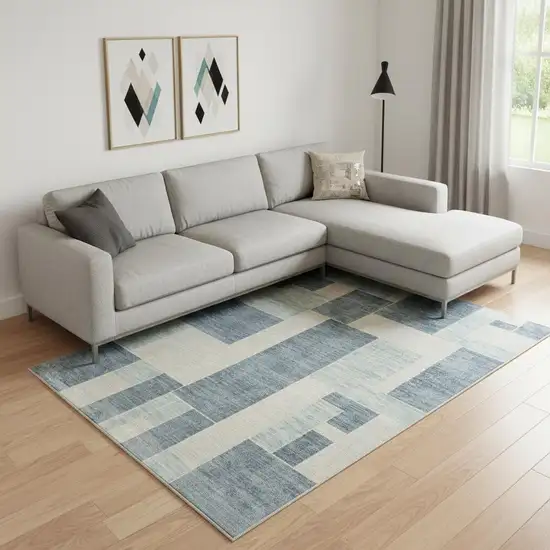 Blue and Ivory Geometric Power Loom Washable Area Rug Photo 2