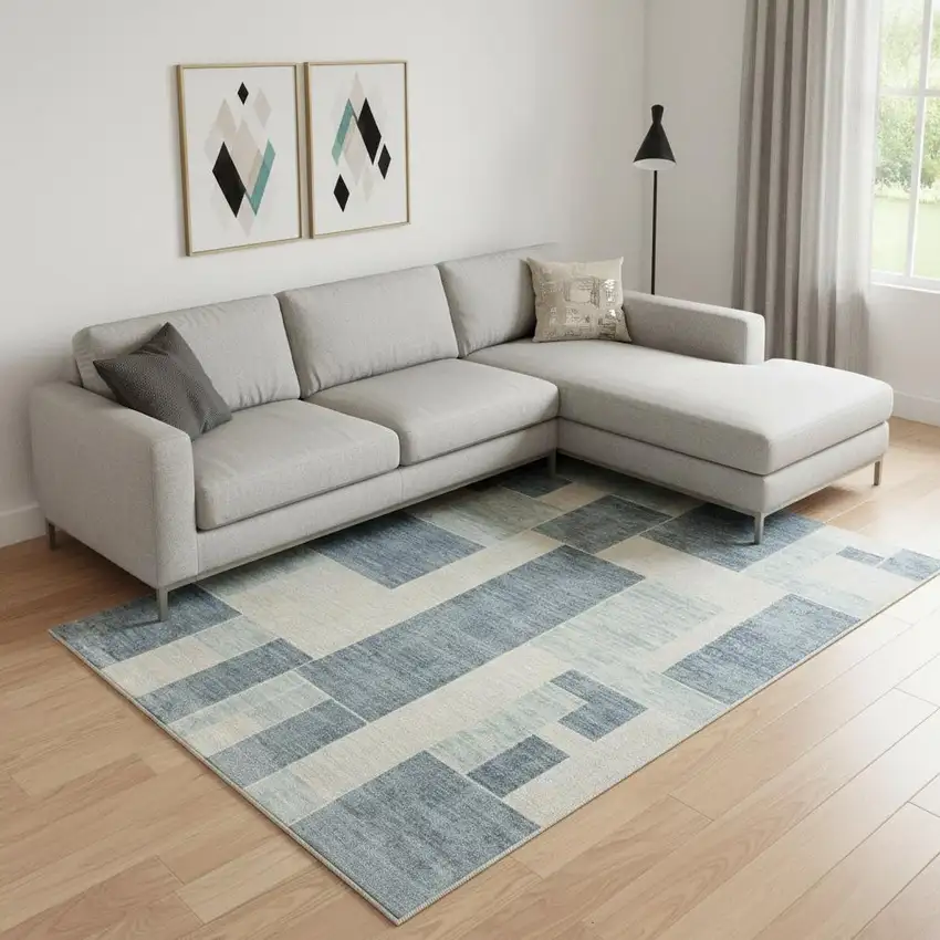 Blue and Ivory Geometric Power Loom Washable Area Rug Photo 2