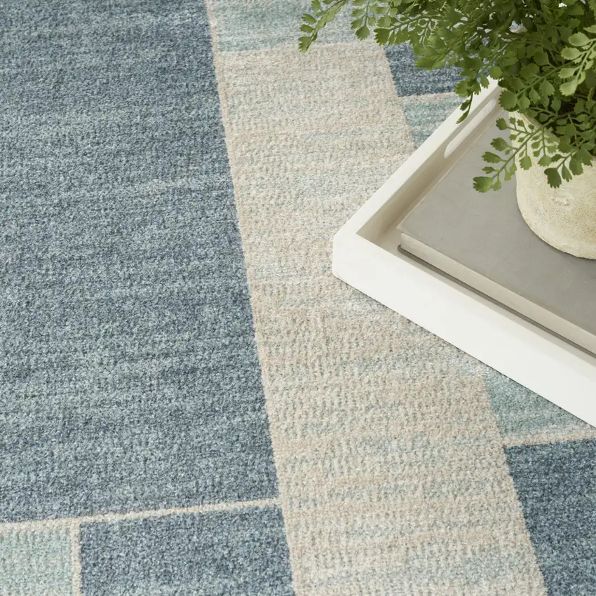 Blue and Ivory Geometric Power Loom Washable Area Rug Photo 7