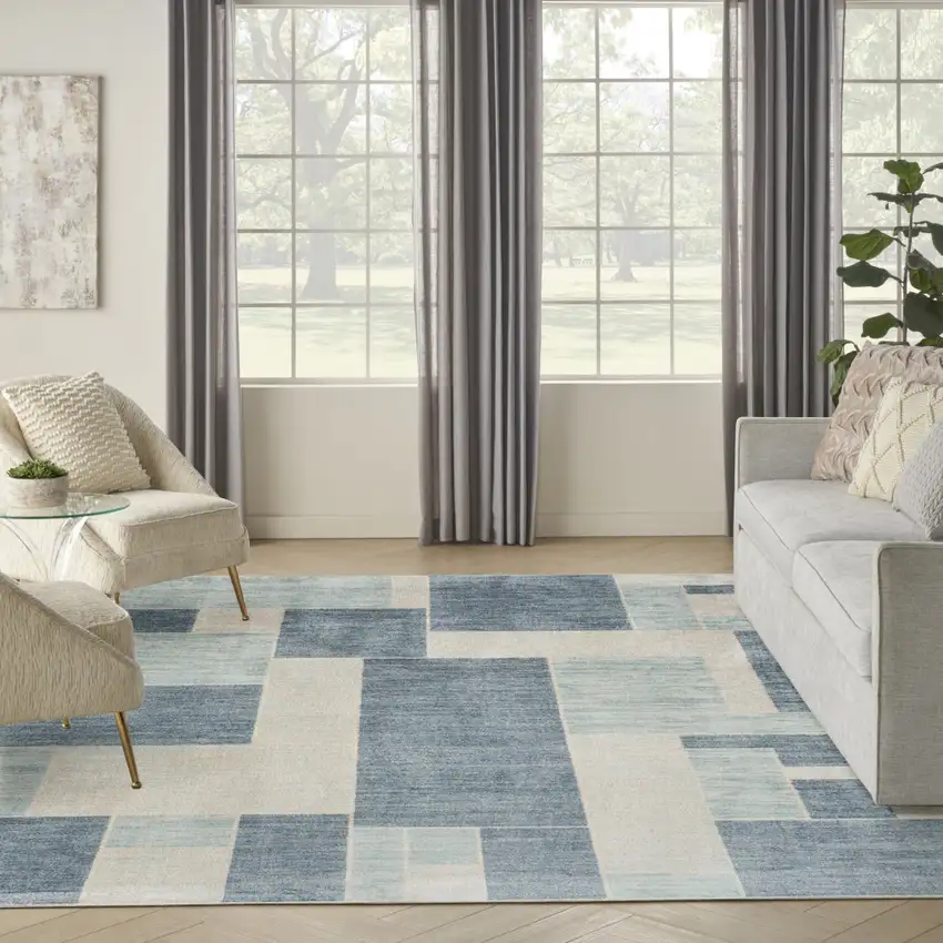 Blue and Ivory Geometric Power Loom Washable Area Rug Photo 6