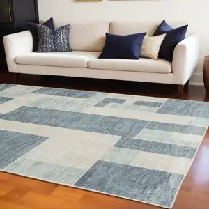 Photo of Blue and Ivory Geometric Power Loom Washable Area Rug