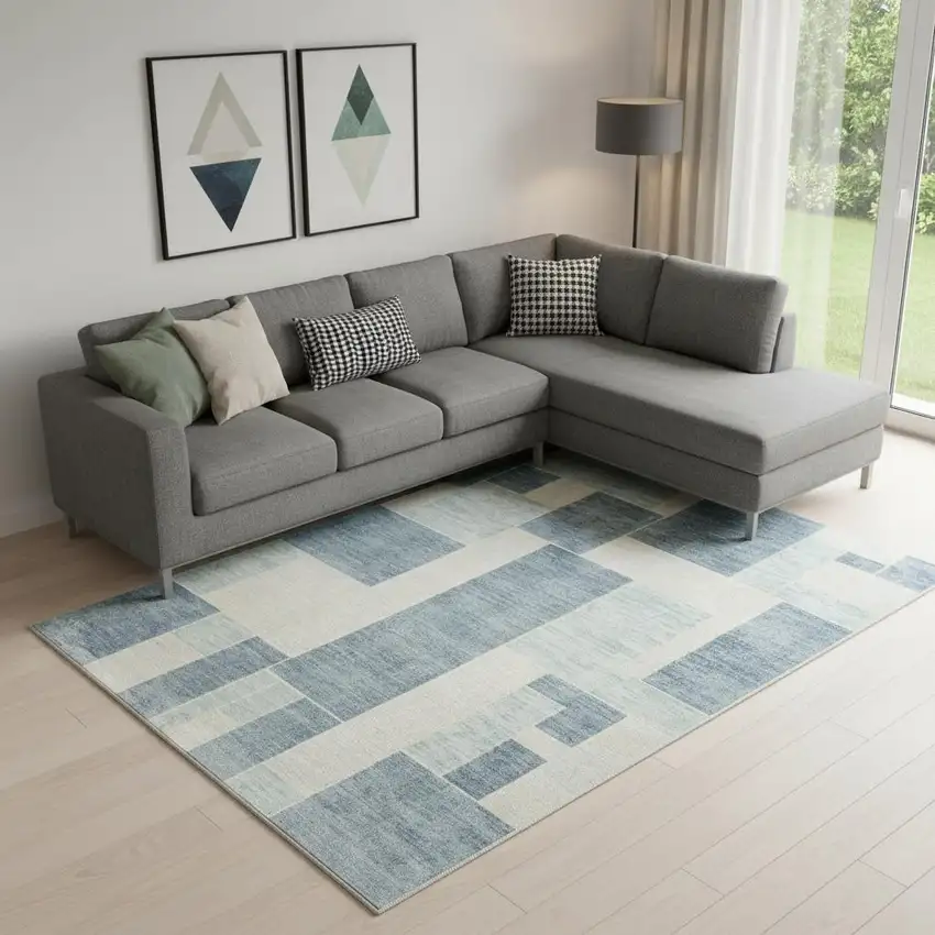 Blue and Ivory Geometric Power Loom Washable Area Rug Photo 1