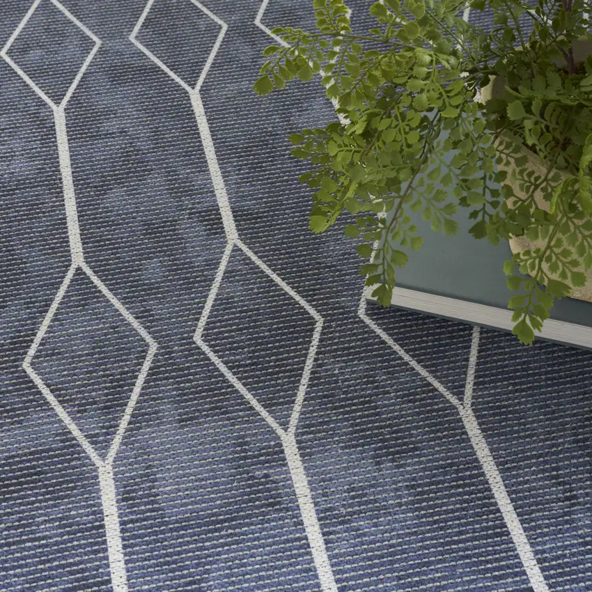 Blue and Ivory Geometric Power Loom Washable Area Rug Photo 7