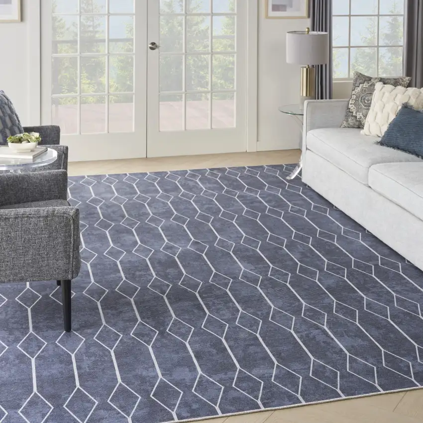 Blue and Ivory Geometric Power Loom Washable Area Rug Photo 5