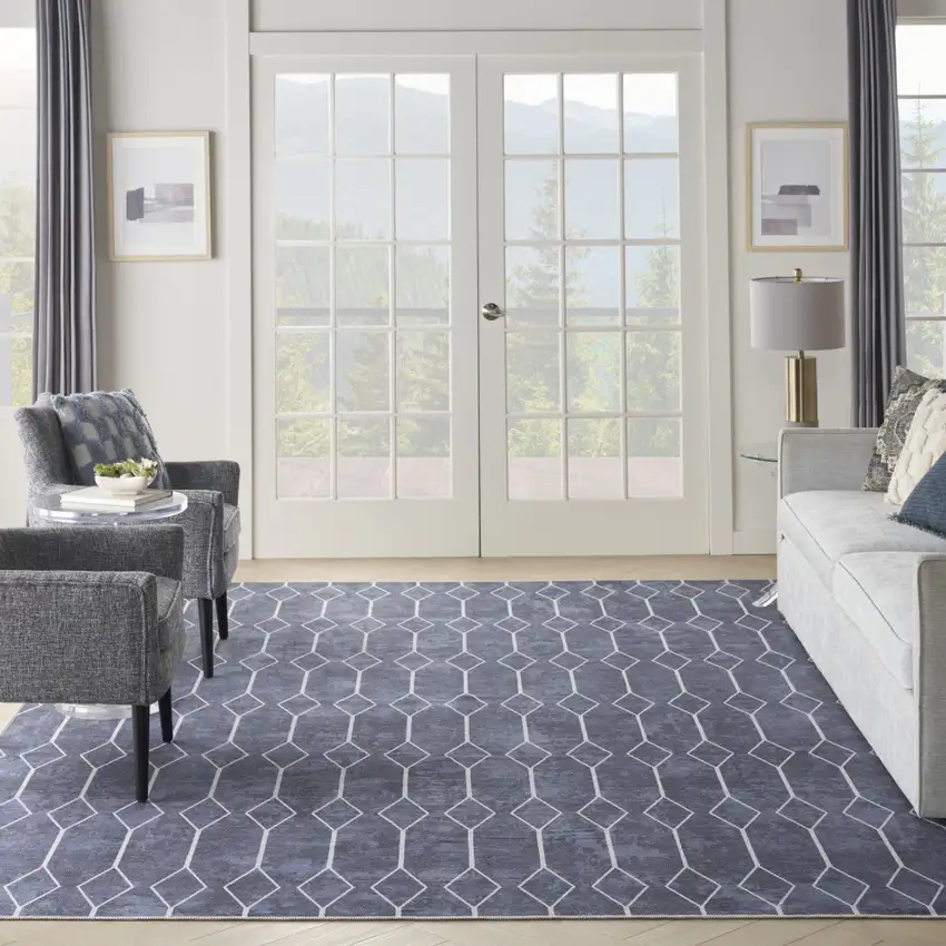 Blue and Ivory Geometric Power Loom Washable Area Rug Photo 7