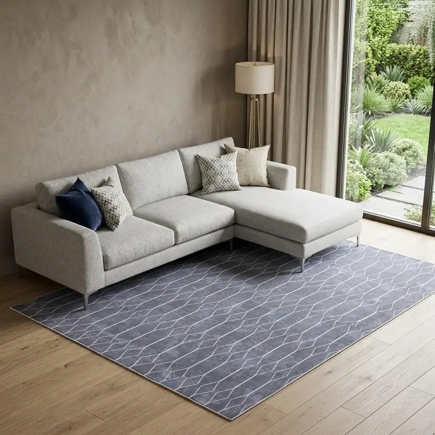 Blue and Ivory Geometric Power Loom Washable Area Rug Photo 1