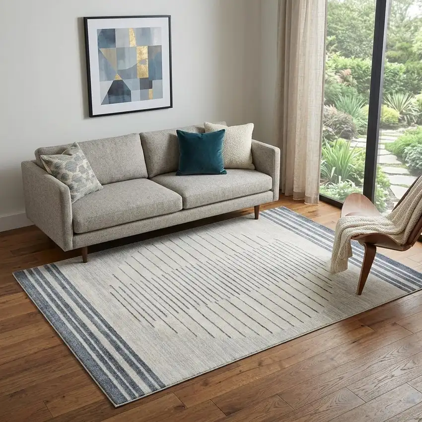 Blue and Ivory Geometric Power Loom Washable Area Rug Photo 1