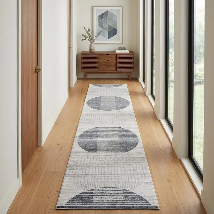 12' Blue And Ivory Geometric Washable Runner Rug Photo 1
