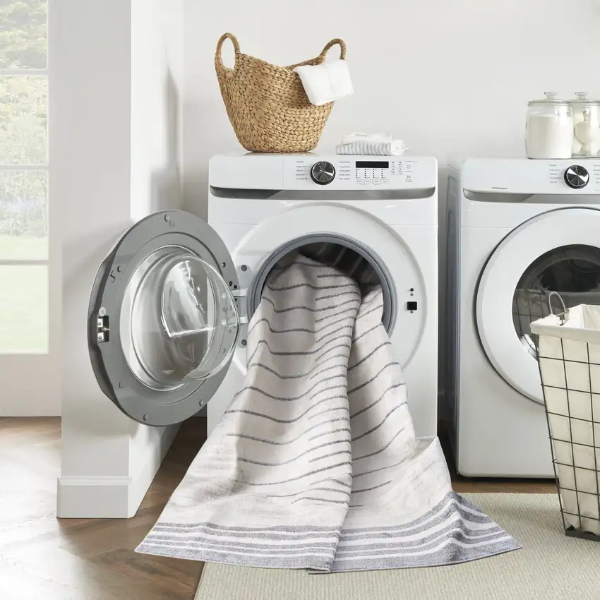 8' Blue And Ivory Geometric Washable Runner Rug Photo 6