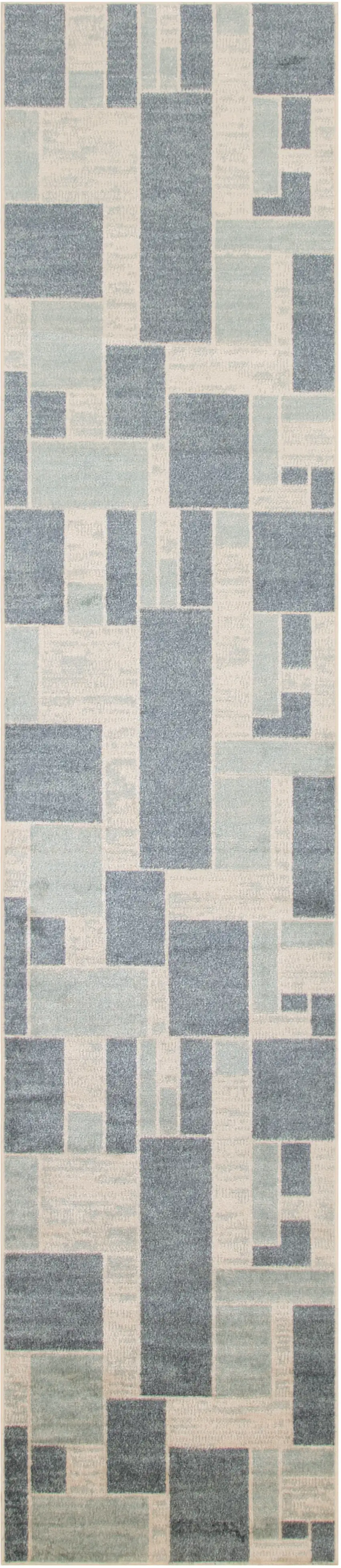 Blue and Ivory Geometric Power Loom Washable Runner Rug Photo 1