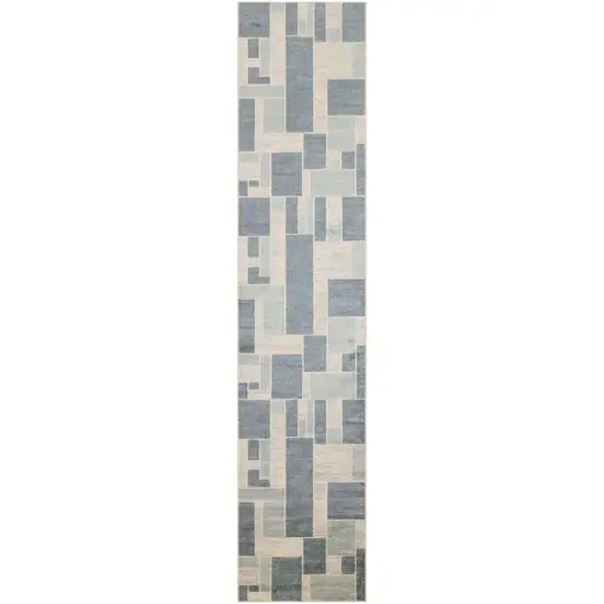 8' Blue And Ivory Geometric Washable Runner Rug Photo 1