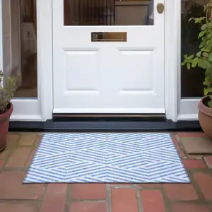 Photo of Blue and Ivory Geometric Washable Non Skid Indoor Outdoor Area Rug